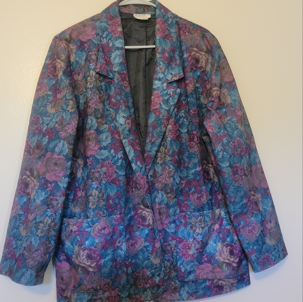 Vintage Jessica Scott Womens Large Floral Print Blazer‎ One Button Long Sleeve